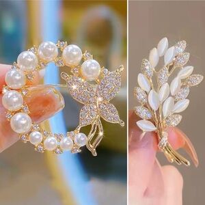 Gold and Crystals Leaf Brooch or Pearl and Crystals Butterfly Brooch